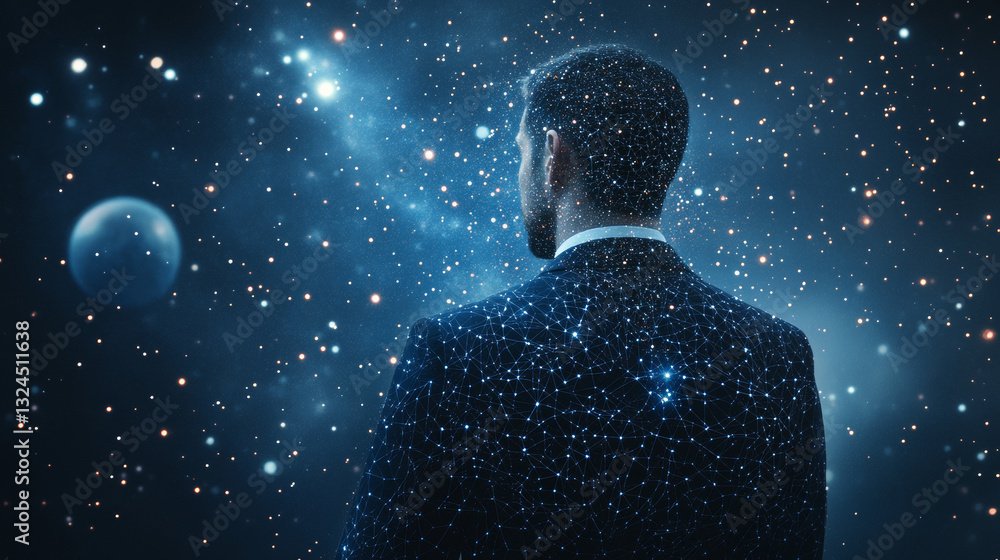 Poster abstract image of a businessman in suit in the form of a starry sky or space, consisting of points, 