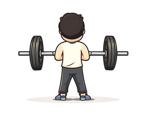 Boy lifting weights, gym cartoon, back view, fitness illustration