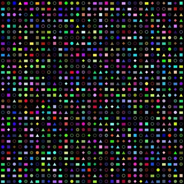 colorful geometric shapes like circles squares triangles rhombuses, rings on black background on a matrix of 32x32 cells for a total of 1024 symbols