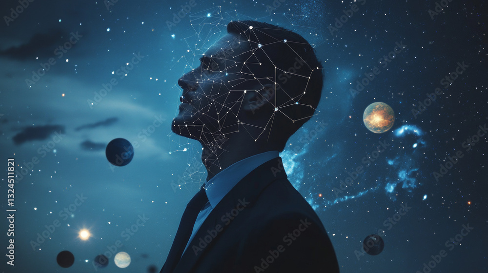 Aufkleber abstract image of a businessman in suit in the form of a starry sky or space, consisting of points, 