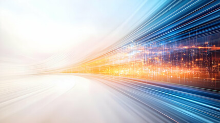 Dynamic Light Trails and Data Streams Converging in a Futuristic Abstract Technology Corridor with Blue Orange and White Gradient Background