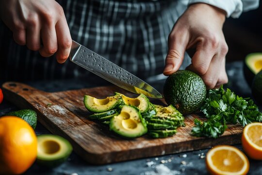 Chef slicing fresh avocado on wooden cutting board, healthy food preparation