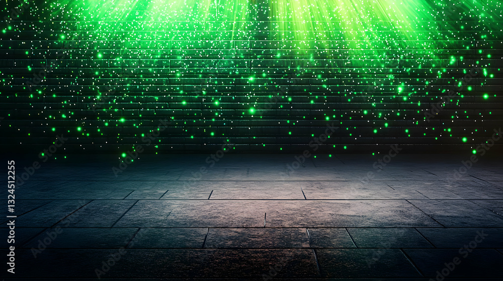Poster dark wooden floor with green sparkling light rays and bokeh effect on a black background festive bac