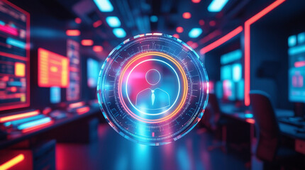 Workspace includes multiple computer screens displaying blue and cyan code against a dark background