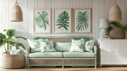 Set of framed tropical leaves and pastel lamps hanging above green wooden sofa, white cupboard and wicker basket with pillows
