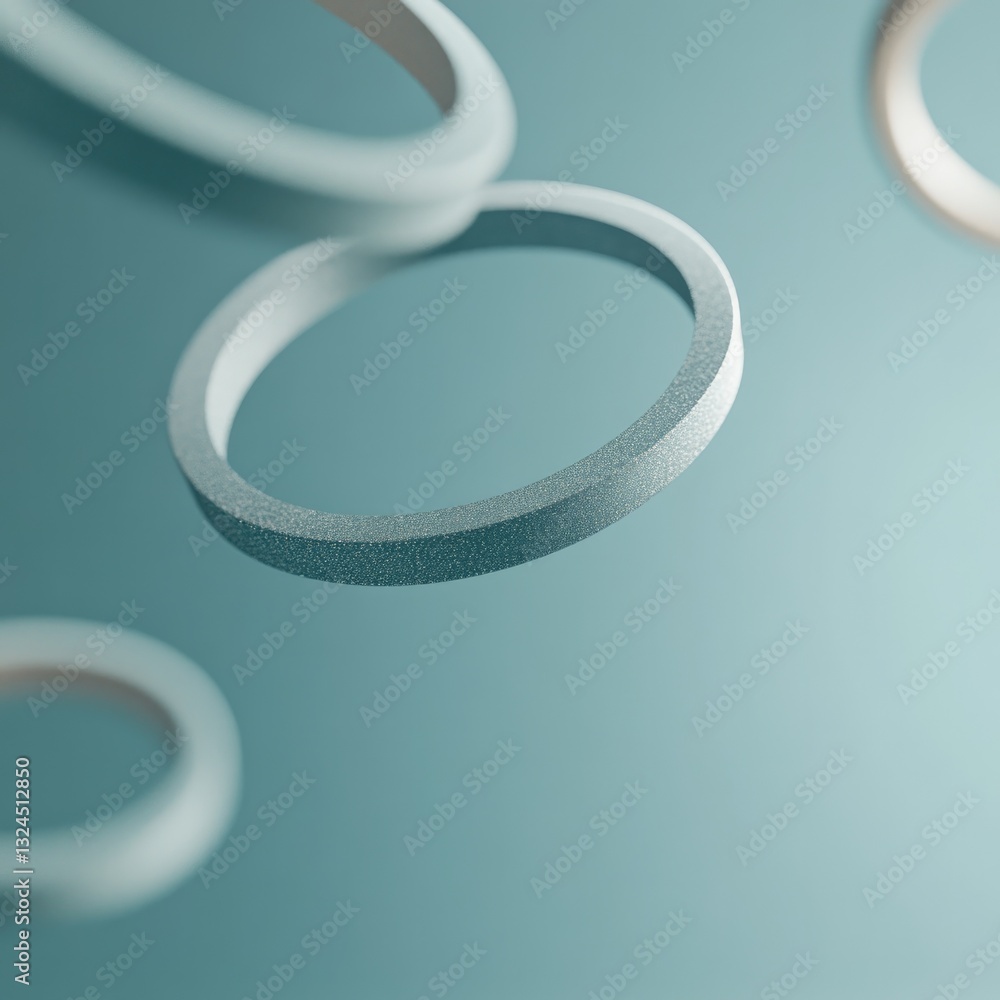 Poster conceptual 3d render of interconnected rings metallic and matte textures floating in space with copy