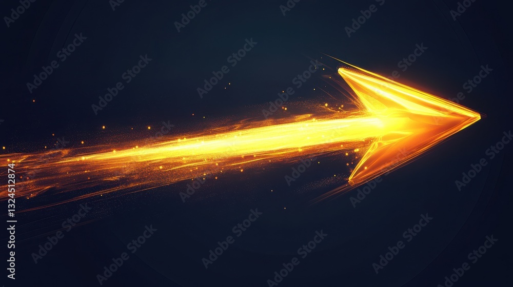 Poster a vibrant yellow arrow with a dynamic effect, symbolizing movement and direction against a dark back