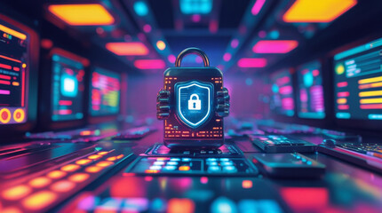 Digital artwork of data center where a padlock and numerous computer screens and control panels, displaying various colorful data streams and interfaces in shades of pink, orange, blue, and purple