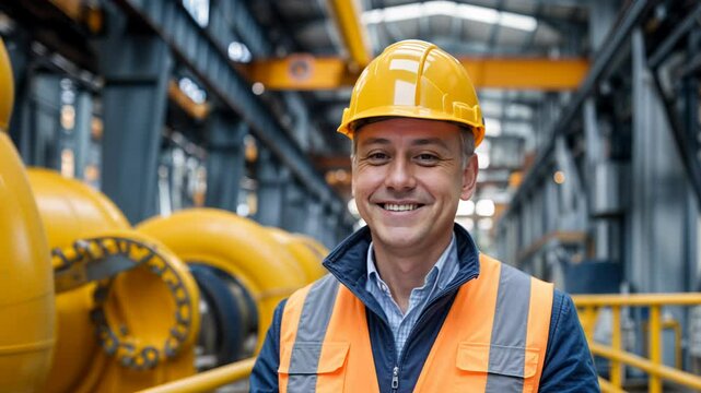 A worker in safety gear assesses machinery in a large manufacturing facility. Focus on safety and operational efficiency is evident.