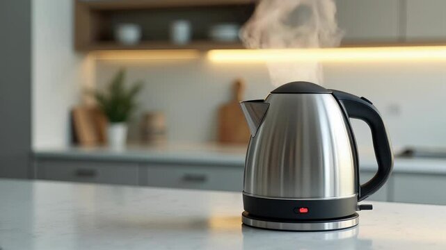A close-up view shows a sleek electric kettle on a kitchen counter, with steam billowing from its spout. The contemporary setting enhances the scene.