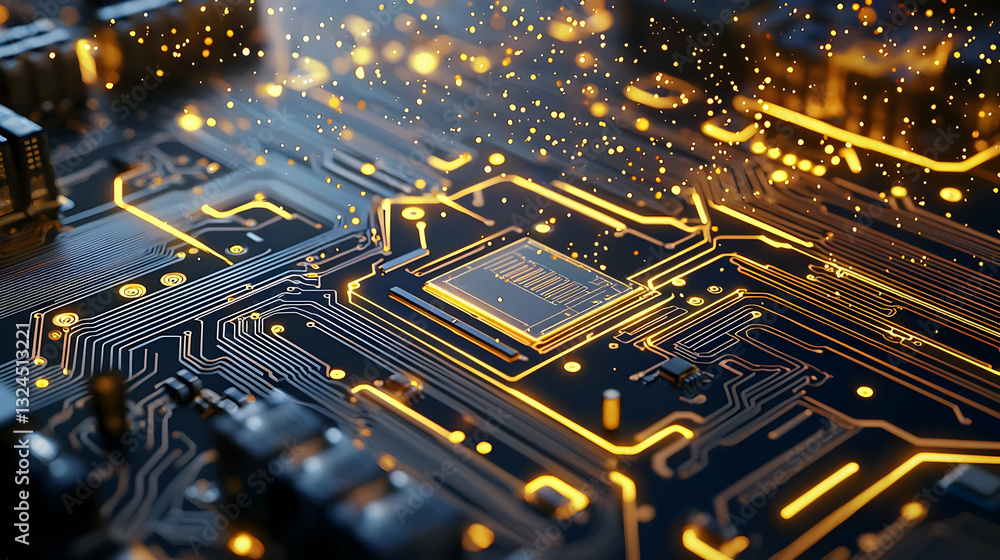 Poster close up of a futuristic circuit board with a glowing microchip and golden particles