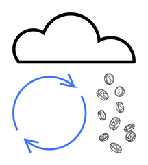 Cloud outlines above circular arrows and coins emitting downward. Ideal for technology, finance, cloud computing, sustainability, digital economy, innovation, revenue streams. Flat simple metaphor