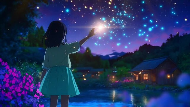 Anime girl reaches for glowing fireflies in a tranquil night scene by a lake and house, Seamless looping time lapse animation video background, lo-fi art.