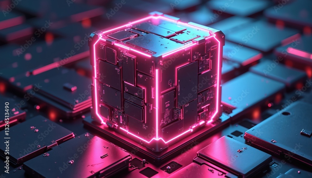 Poster Hi-tech neon luminous cube on motherboard. Abstract background with laser light. Tech design with vibrant pink geometric glowing lines, squares for futuristic digital graphic design. Sci-fi tech