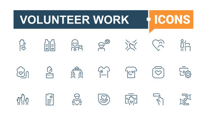 Volunteer Work icon set. Included charity, donate, humanitarian, help, unity, support, giving, volunteer and more. Volunteering vector icon set. Collection of simple line web icons.