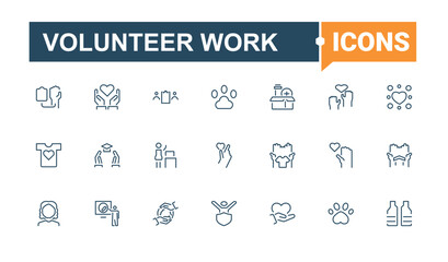 Volunteer Work icon set. Included charity, donate, humanitarian, help, unity, support, giving, volunteer and more. Volunteering vector icon set. Collection of simple line web icons.