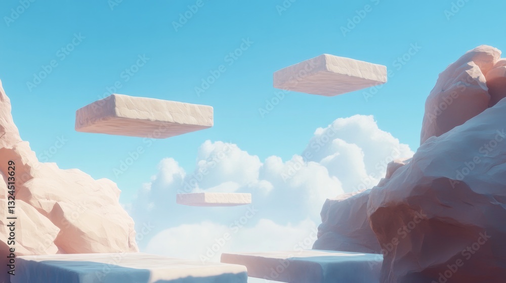 Poster conceptual digital artwork of stylized game level featuring floating platforms and abstract landscap