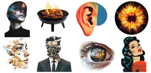 Set of surreal and conceptual mixed media elements with abstract designs, isolated on transparent background