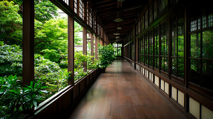 Long Corridor Interior with Wooden Structure Green Trees and Natural Sunlight Creating a Peaceful Perspective View