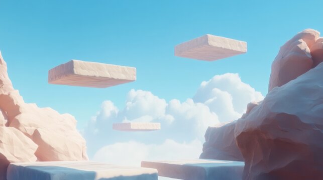 conceptual digital artwork of stylized game level featuring floating platforms and abstract landscapes clean copy space