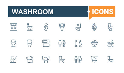 Washroom icon set. Includes symbols for wc, shower, plumbing, restroom, toilet, bathroom and more. Toilet modern icons. Line with editable stroke. Vector artwork and illustration.