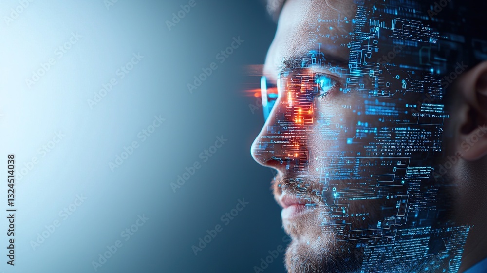 Poster profile of a man with digital overlay representing technology and innovation.