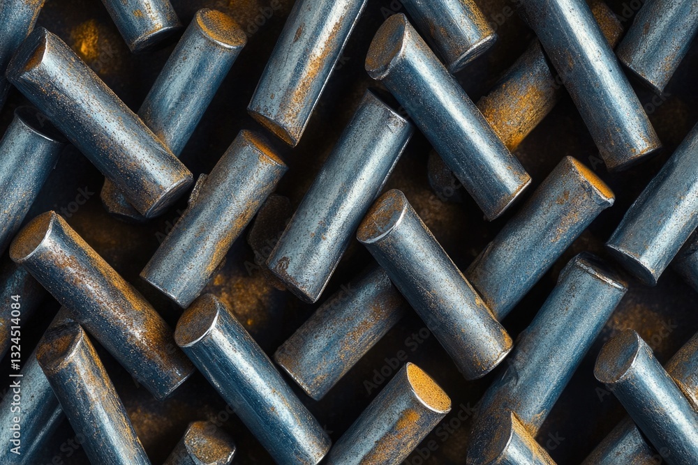 Poster detailed closeup of a pattern of rusted metal rods arranged in an interlocking zigzag formation