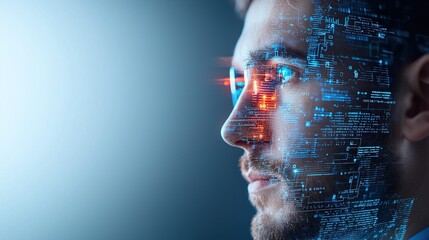 Profile of a man with digital overlay representing technology and innovation.