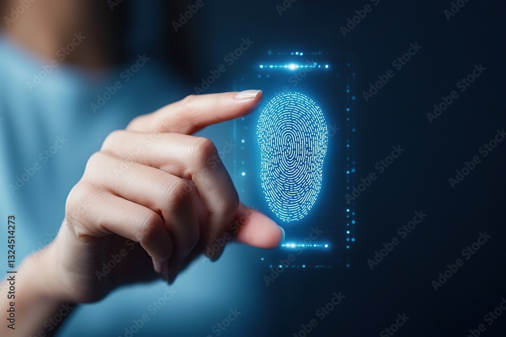 Aufkleber a hand interacts with a glowing digital fingerprint interface in a dark setting.