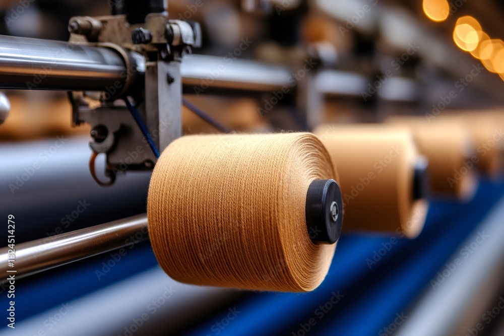 Poster industrial machinery processing raw materials into fine threads in textile factory