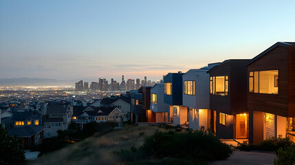 Fototapeta premium City Skyline And Modern Houses At Dusk With Illuminated Windows And Soft Blue Hour Sky