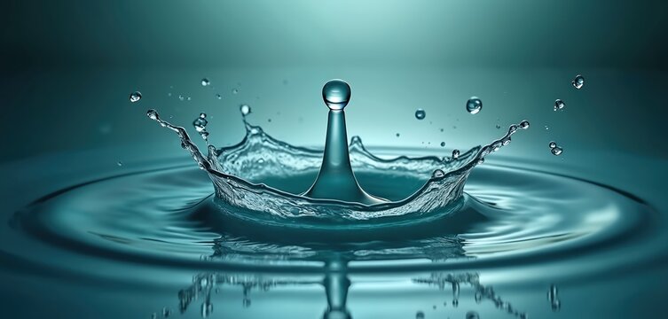 Water drop splashing sea. Concept of wellness, spa, cosmetics product demonstration. Pure environmental image for banner size. Clean water ripple texture. Relaxing spa natural source. Alternative