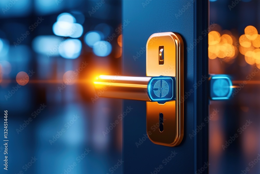 Poster smart lock on a modern door with a glowing indicator light in a stylish setting.