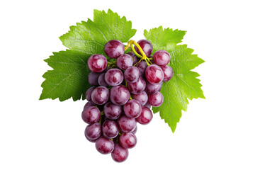 Fototapeta premium Plump bunch of purple grapes with green leaves, cut out