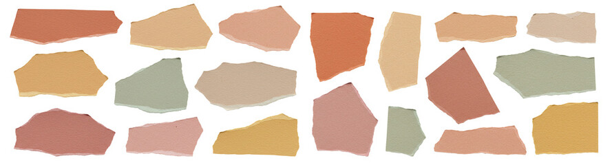 Scattered torn paper pieces in earthy, muted tones on a transparent background, creating an abstract collage. torn paper png. paper shapes png.