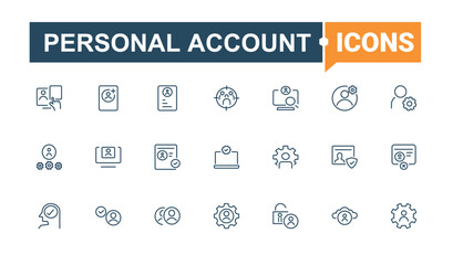 Personal Account icon set. Includes thin line user, person, personal information, setting and more. User Account linear icon collection. Simple icon designs. Modern icon collections.