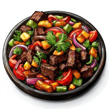 Mexican discada plow disc bbq national cuisine dish isolated on white background, colorful cartoon illustration