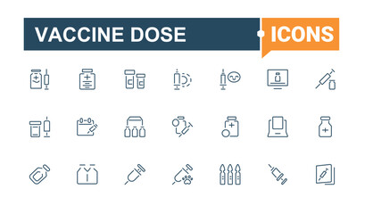 Vaccine Dose line icons set. Included dose, clinic, immune, vaccine, hospital and more. Vaccine icon set. Outline icon collection. Vector outline icons collection.