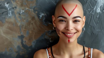 Fototapeta premium Bald woman wearing war paint symbolizing her battle against cancer with pride