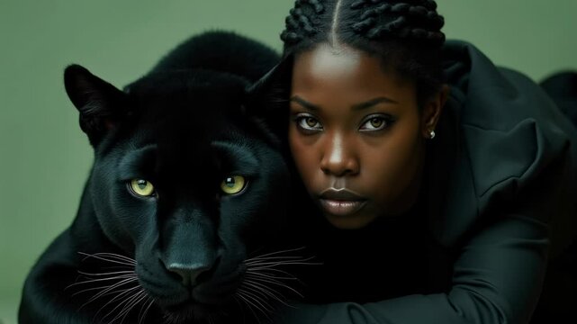 Model poses with a black panther on a green background during a creative photoshoot