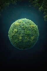 conceptual image of earth-like sphere floating in space composed entirely of green foliage and water bodies