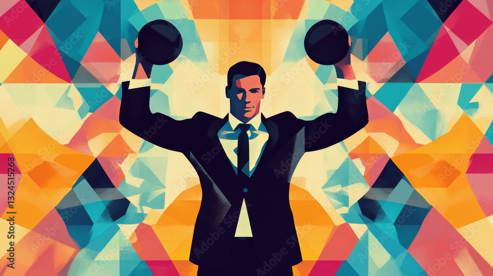 Poster grey businessman with dumbbell with polygon line on abstract background. polygonal space low poly wi