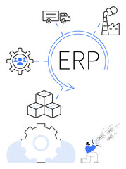 ERP concept with interconnected gear, supply chain grid, factory, logistics truck, packages. Ideal for productivity, resource optimization, innovation management logistics manufacturing. Flat