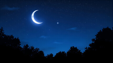 Naklejka premium Crescent Moon and Star in Dark Blue Night Sky with Tree Silhouettes