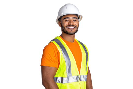 Smiling construction worker wearing safety gear, isolated on transparent background