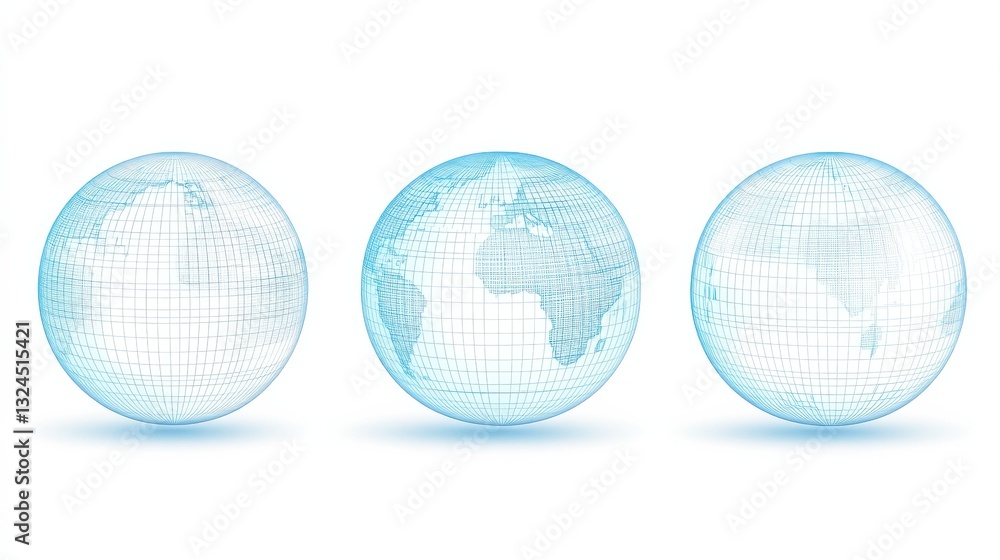 Poster earth grid globe in shape of 3d sphere graphic set. line round striped planet form for wireless netw