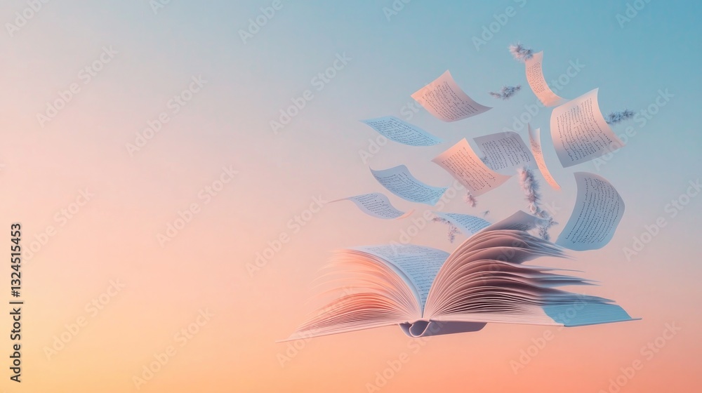 Aufkleber conceptual scene of pages from open book transforming into fluttering birds against sunset gradient 