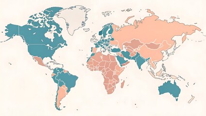 Obraz premium Stylized World Map: Teal & Peach Regions Illustrating Unknown Data on a Simplified Globe with White Borders & Beige Background..