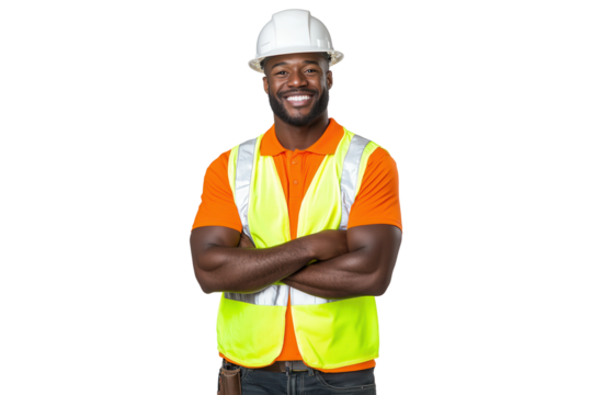 Confident construction worker in safety vest and helmet with arms crossed, isolated on transparent background