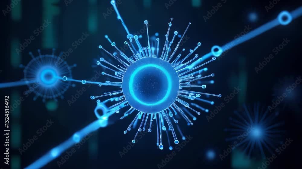Poster futuristic glowing blue sphere with radiating digital lines forming a high-tech network interface co